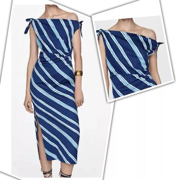 MNG Mango Summer Bare Shoulders Blue Stripe Dress size 14 - Picture 2 of 10